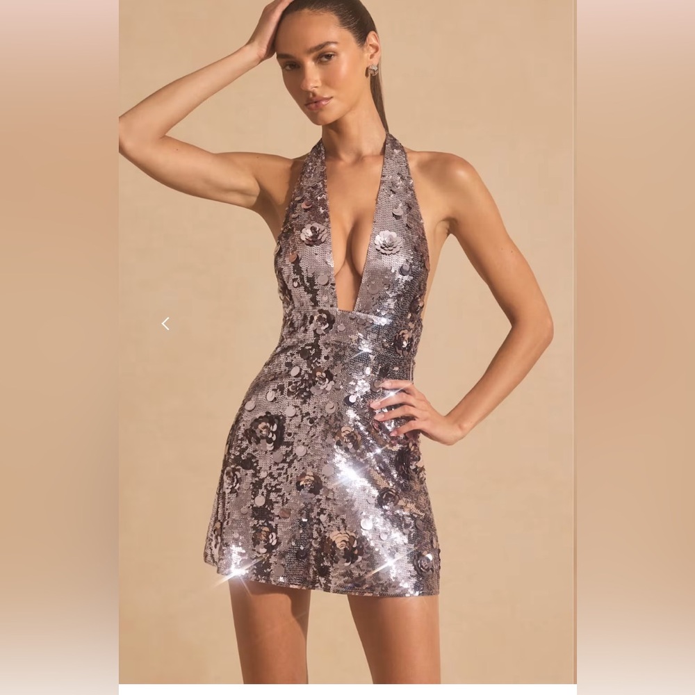 Oh Polly Silver Sequin Plunge Mini Dress